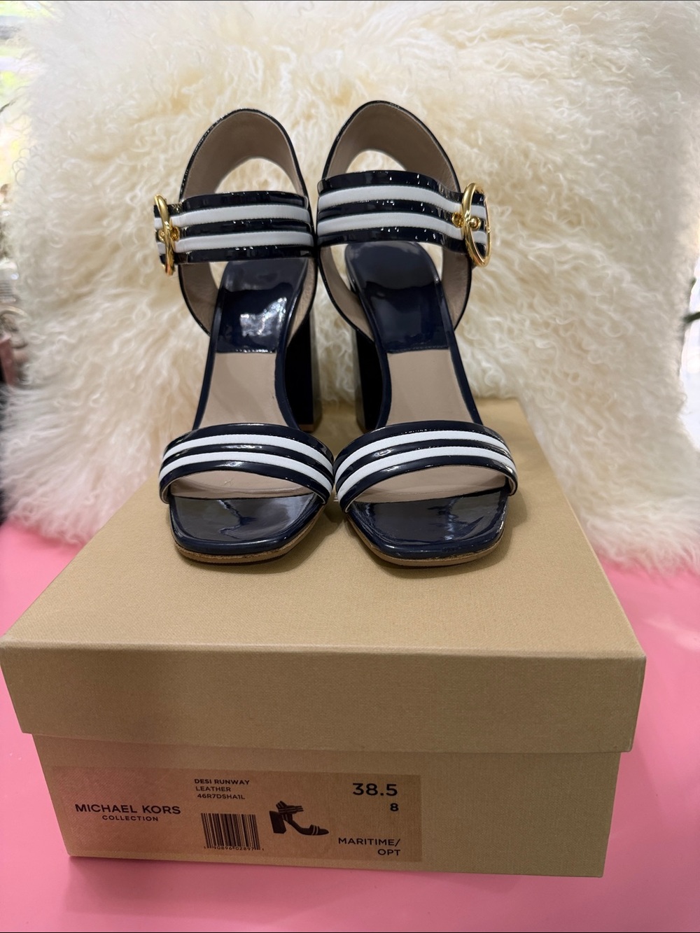 Michael Kors Navy and White Striped Patent Block Heel Sandals
